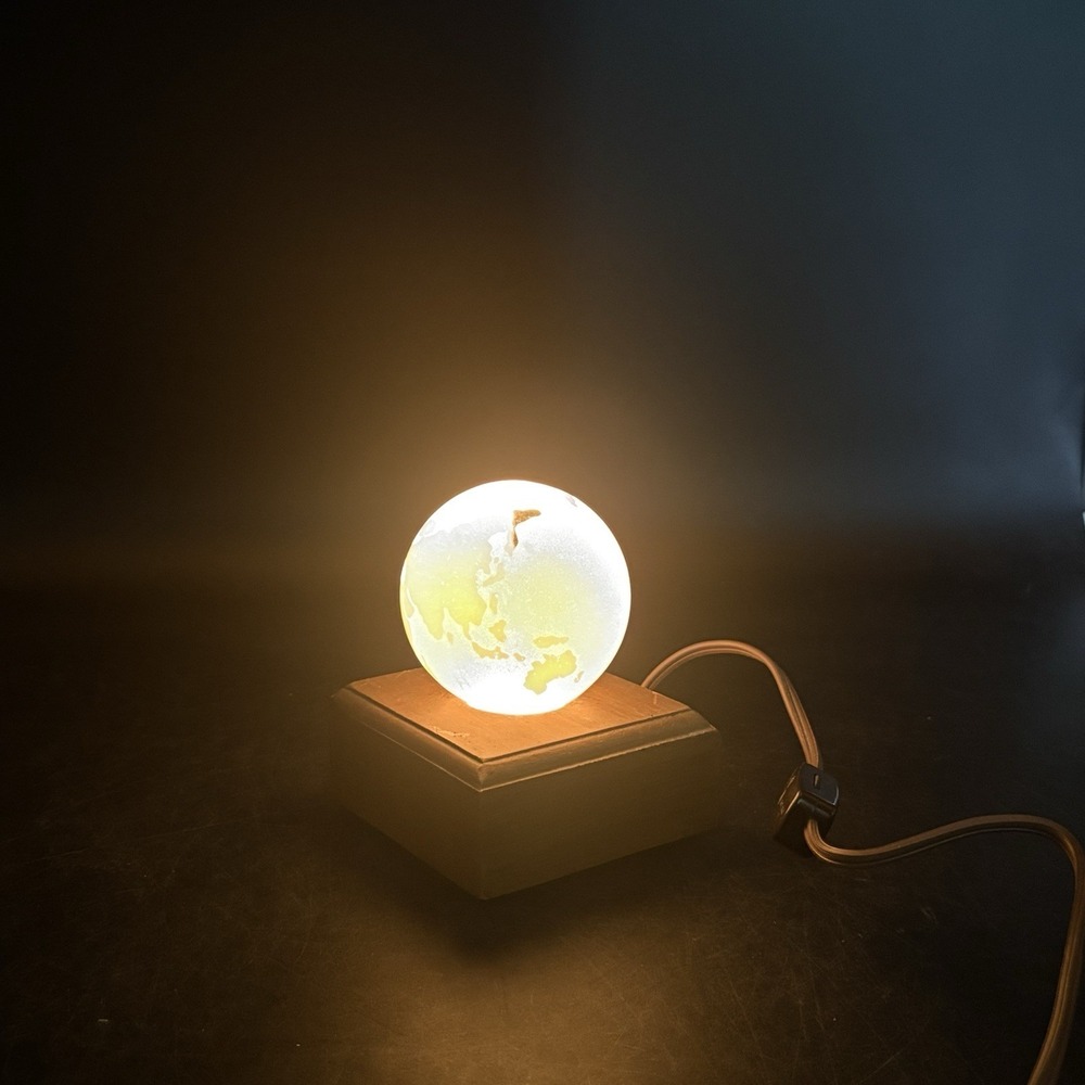 Glass Etched Frosted World Globe 4" Paperweight Wood Base Light Illumination